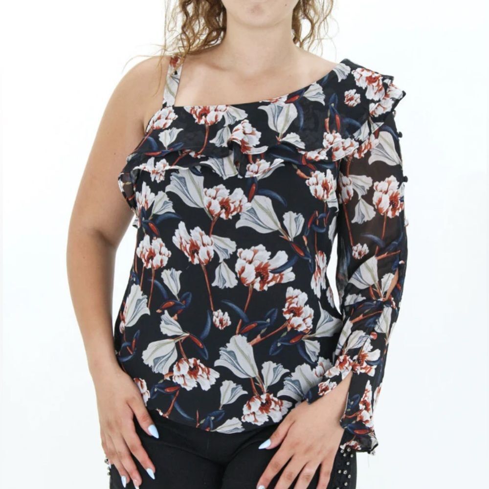 INC Floral One Sleeve Top Chiffon NWT Size L